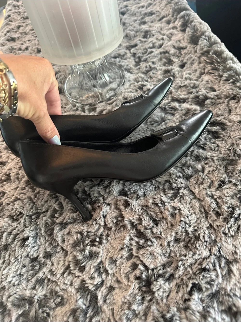 Salvatore Ferragamo Black Leather Pointed-Toe Pumps with Signature Buckle